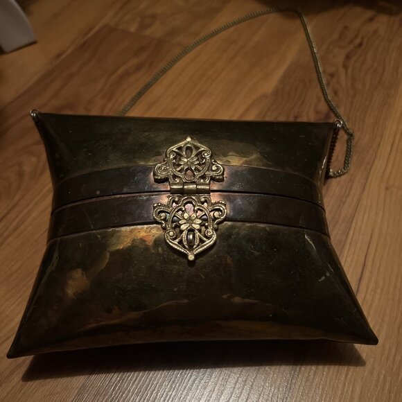 Vtg Brass Pillow Purse Square Copper Art Deco Handbag Chain Shoulder Strap Latch - Picture 4 of 15